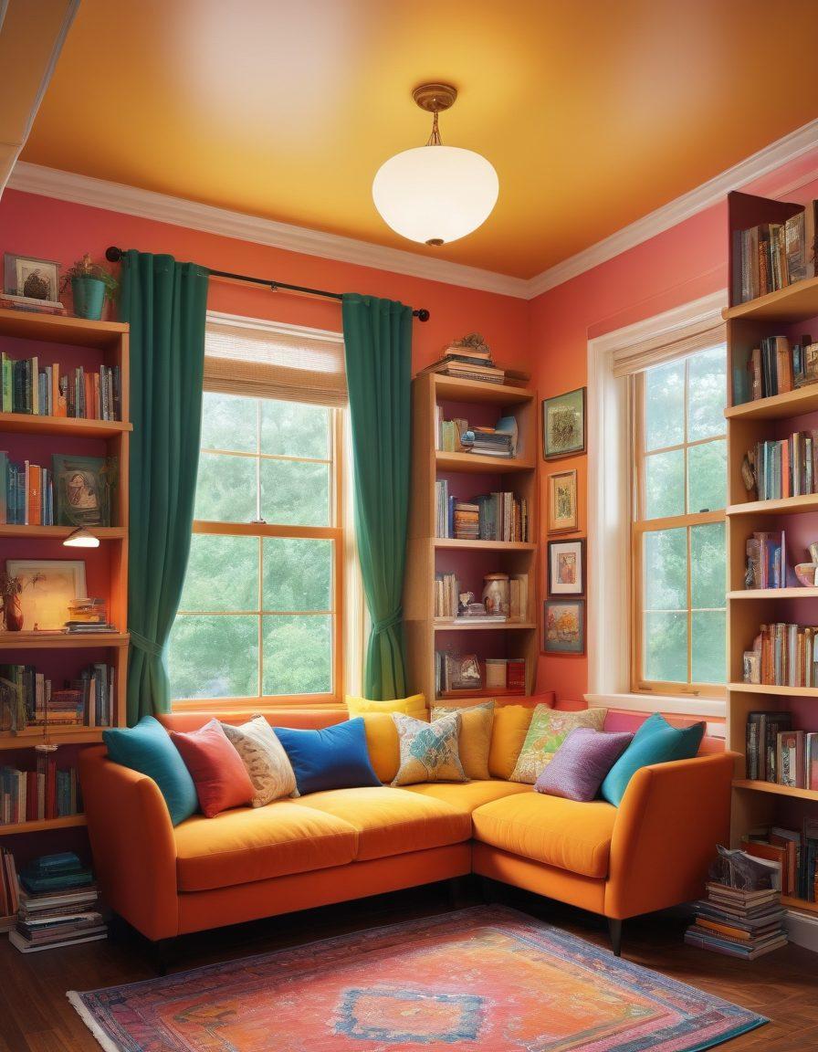 A vibrant and cozy reading nook filled with colorful bookshelves, plush seating, and warm lighting. Depict happy people of diverse backgrounds engaged in lively discussions about books. Include whimsical illustrations of book characters floating around, creating a sense of joy and imagination. The atmosphere should feel inviting and friendly, enticing visitors to join the community. super-realistic. vibrant colors. cozy style.