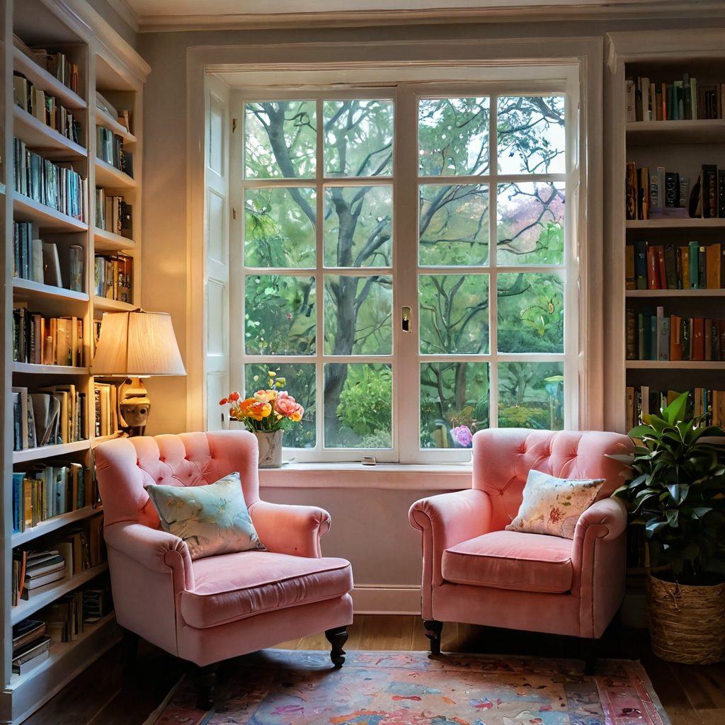A cozy reading nook with a plush armchair, bookshelves overflowing with colorful books, and warm ambient lighting. A steaming cup of tea sits on a side table, surrounded by open books, inviting readers to dive into worlds of literature. Soft pastel colors create a serene atmosphere, while a window shows a beautiful garden outside. super-realistic. vibrant colors. cozy ambience.