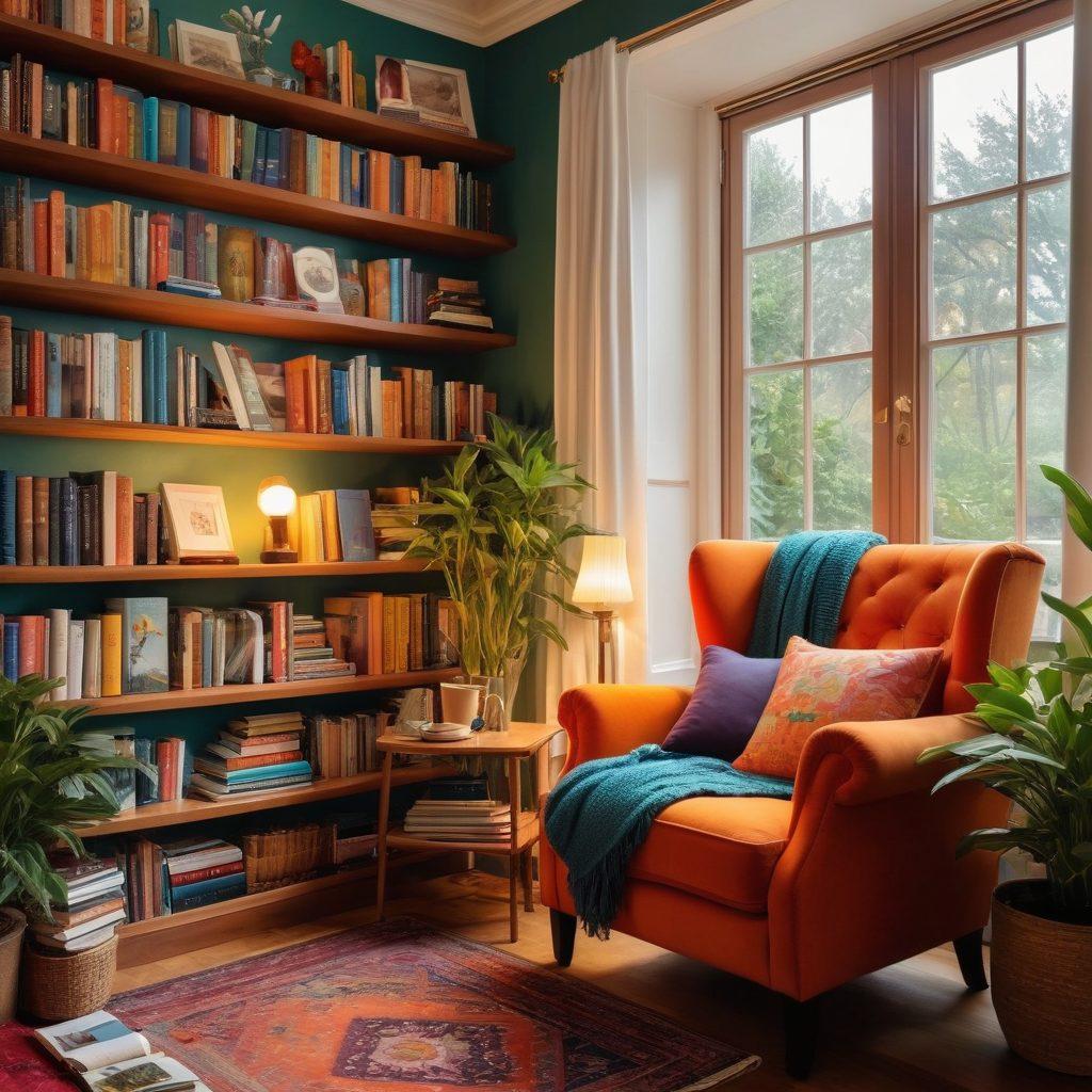 A vibrant bookshelf overflowing with a mix of fiction and non-fiction books, with colorful book spines and playful whimsical illustrations emerging from the books, depicting characters and scenes from both genres. A cozy reading nook with a comfy chair and a steaming cup of tea beside it, surrounded by plants and warm light. The overall atmosphere is inviting and joyful, inviting the viewer to explore these enriching reads. super-realistic. vibrant colors. cozy and warm atmosphere.